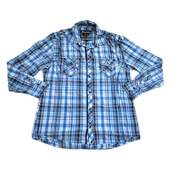 Buckle Black Label Shirt Mens XL Athletic Fit Plaid Raw Hem Studded Snap Button - Picture 2 of 9